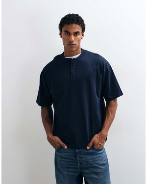 ASOS T-Shirt Oversize Squadrata Pesante Con Serafino Color Crema - Blu