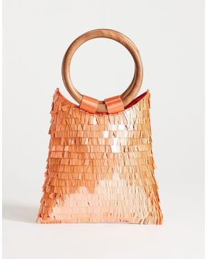 TOPSHOP Holly Sequined Clutch Purse With Wooden Handle - Orange