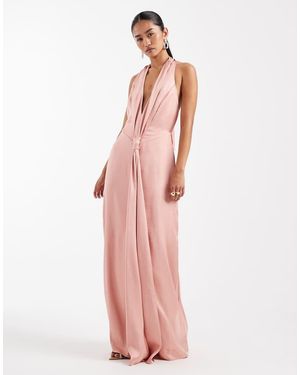 TFNC London Bridesmaid Satin Plunge Halter Neck Tassel Detail Maxi Dress - Pink