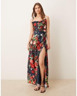 Hope & Ivy Satin Cowl Neck Open Tie Back Thigh Split Maxi Dress - Natural