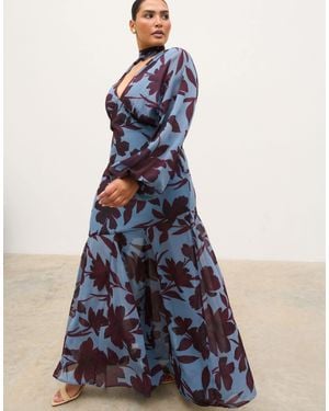 Pretty Lavish Curve Chiffon V Neck Scarf Detail Long Sleeve Maxi Dress - Blue