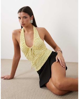 ASOS Printed Mesh U Scoop Ruched Halter Neck Top - Yellow
