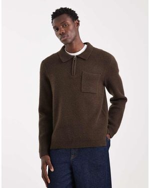 New Look Quarter Zip Knitted Polo Jumper - Brown