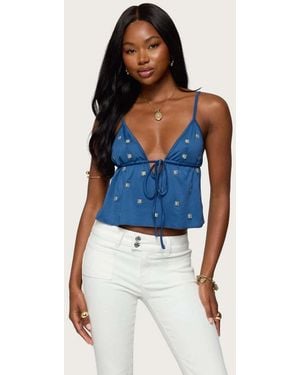 Edikted Soleil Embroidered Open Back Top - Blue