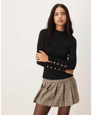 Pimkie Knitted High Neck Button Detail Top - Black