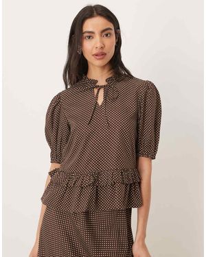 Wednesday's Girl Short Sleeve Ruffle Collared Top - Brown