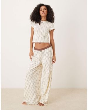 ASOS Mix & Match Wide Leg Pyjama Bottoms With Velvet Trim - Natural