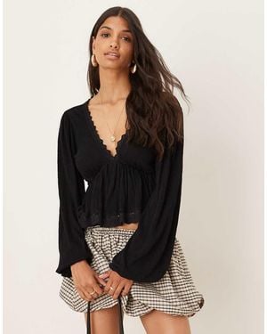 ASOS Crinkle Long Sleeve Tie Back Top - Black