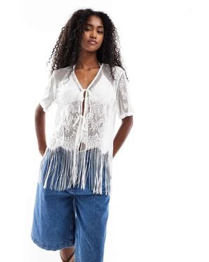 Pieces Tie Front Western Cardigan With Fringe Hem - Blue