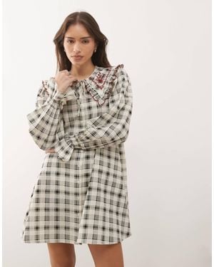 Reclaimed Vintage Mini Shirt Dress With Oversized Collar And Embroidery - Natural