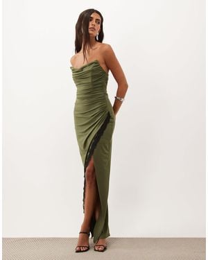 TFNC London Slinky Bandeau Lace Split Detail Maxi Dress - Green