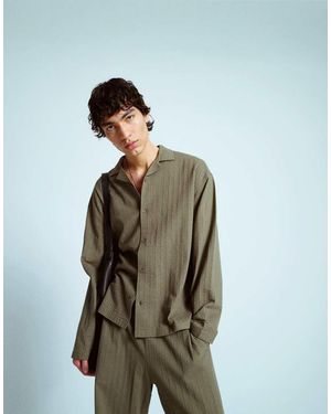 TOPMAN Boxy Oversized Fit Long Sleeve Button Through Jersey Shirt With Seersucker - Green