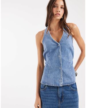 Object Halter Neck Tie Waist Denim Top - Blue