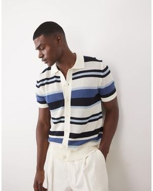 GANT Striped Button Through Textured Polo - Blue
