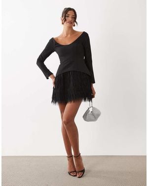 ASOS Structured Long Sleeve Mini Dress With Fringe Skirt - Black