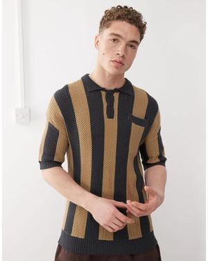 The Ragged Priest Oversized Stripe Knit Polo - Brown