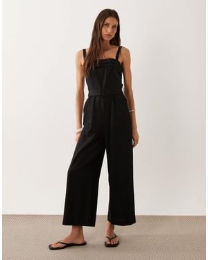 Mango Linen Rich Belted Square Neck Jumpsuit - Black