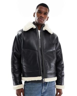 Jack & Jones Faux Leather Aviator Jacket - Black