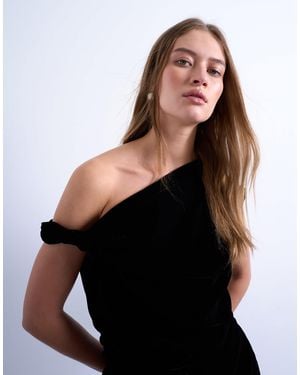 TOPSHOP Twist Shoulder Velvet Top - Black