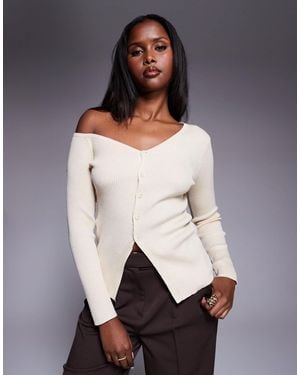 Kaiia Exclusive Off Shoulder Button Split Front Long Sleeve Knitted Top - Black