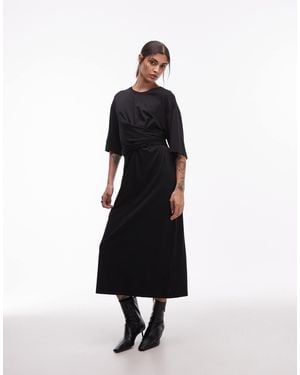 ARKET Cotton Blend Half Sleeve Wrap Waist Midaxi Dress - Black