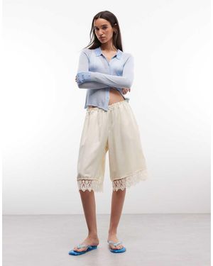 Monki Satin Longline Shorts With Lace Hem - White