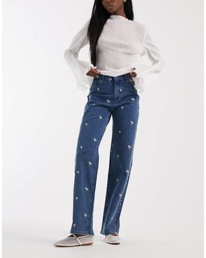 Pieces Floral Embroidered Straight Leg Jeans - Blue