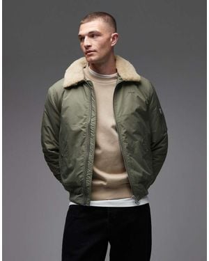 Schott Nyc Logo Patch Zip Pocket Detail Cropped Padded Jacket With Faux Fur Collar - Grey