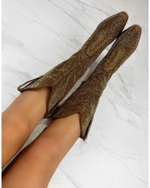 GIA STUDIOS Narrow Cowboy Western Knee Embellished Sparkle Boots - Brown
