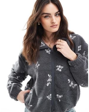 Hollister Embroidered Sherp Linef Fleece Jacket - Gray