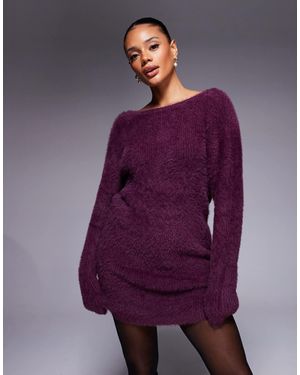 Aria Cove Fluffy Knit Reversible Low Back Mini Sweater Dress - Purple