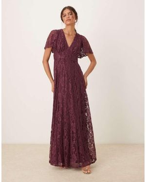 Maya Lace V Neck Angel Sleeve Maxi Dress - Purple