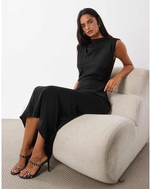 ASOS Midi Jurk Met Hoge Hals En Geplooid Lijfje - Zwart