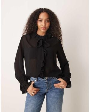Mango Ruffle Detail Blouse With Tie Neck - Black