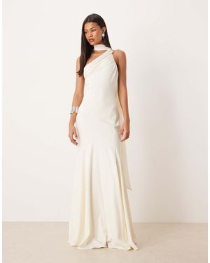 Pretty Lavish Bridal One Shoulder Scarf Neck Maxi Dress - Natural