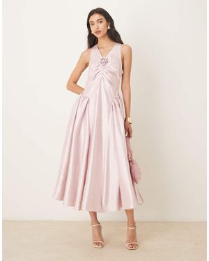 Sister Jane Muse Sleeveless Corsage Detail Hip Pleat Taffeta Midaxi Dress - Pink