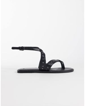 Mango Teen 100% Leather Strappy Flat Studded Sandals - Black