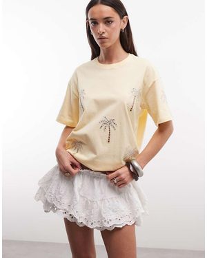 Miss Selfridge Embellished Palm Tree Oversized Tee - Natural