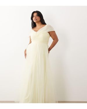 Lace & Beads Plus Off Shoulder Tulle Maxi Dress - Natural