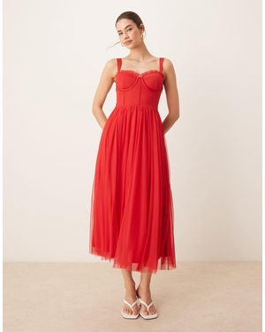 LACE & BEADS Tulle Corset Midi Dress - Red