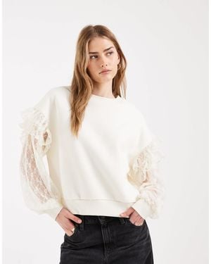 Miss Selfridge Sweatshirt With Lace Sleeves - White