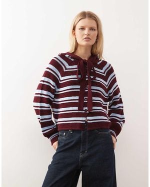 Collusion Stripe Cardi With Hood Scarf Detail - Red