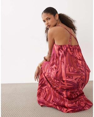 Vila Vestido Largo Rojo De Tirantes Cruzados Con Estampado Tropical