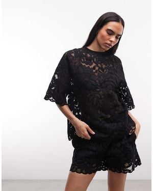 AllSaints Amelie Co-Ord Short Sleeve Floral Lace Top - Black