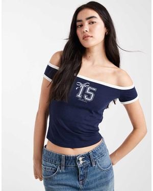 Hollister Short Sleeve Off The Shoulder Graphic T-shirt - Blue