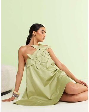 & Other Stories One Shoulder Mini Dress With 3-D Applique Flowers - Green