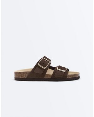 Oysho Buckle Split-Leather Slides - Brown