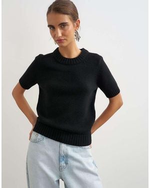 TOPSHOP Gebreid Premium T-Shirt Van Puur Lamswol Met Korte Mouwen En Ronde Hals - Zwart
