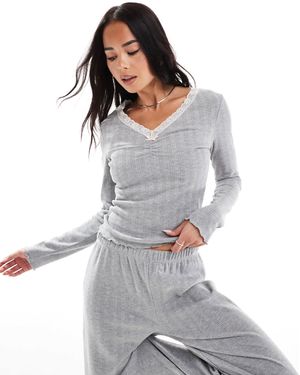 Miss Selfridge – langärmliges oberteil aus pointelle mit spitzenbesatz, kombiteil - Grau