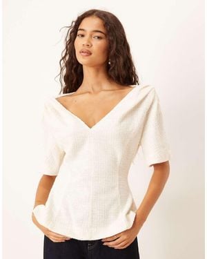 ASOS V Neck Boucle Twist Shoulder Detail Tee - White